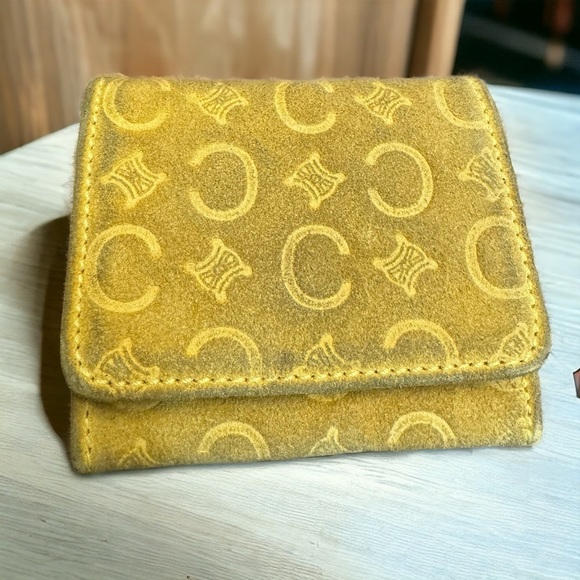 Celine Authentic Suede Macadam Pattern Fold Wallet Leather